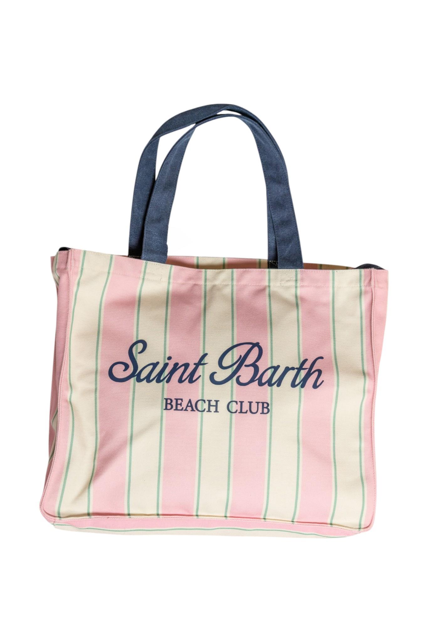 Essential canvas tote bag with pink, green and white stripes and contrasting logo