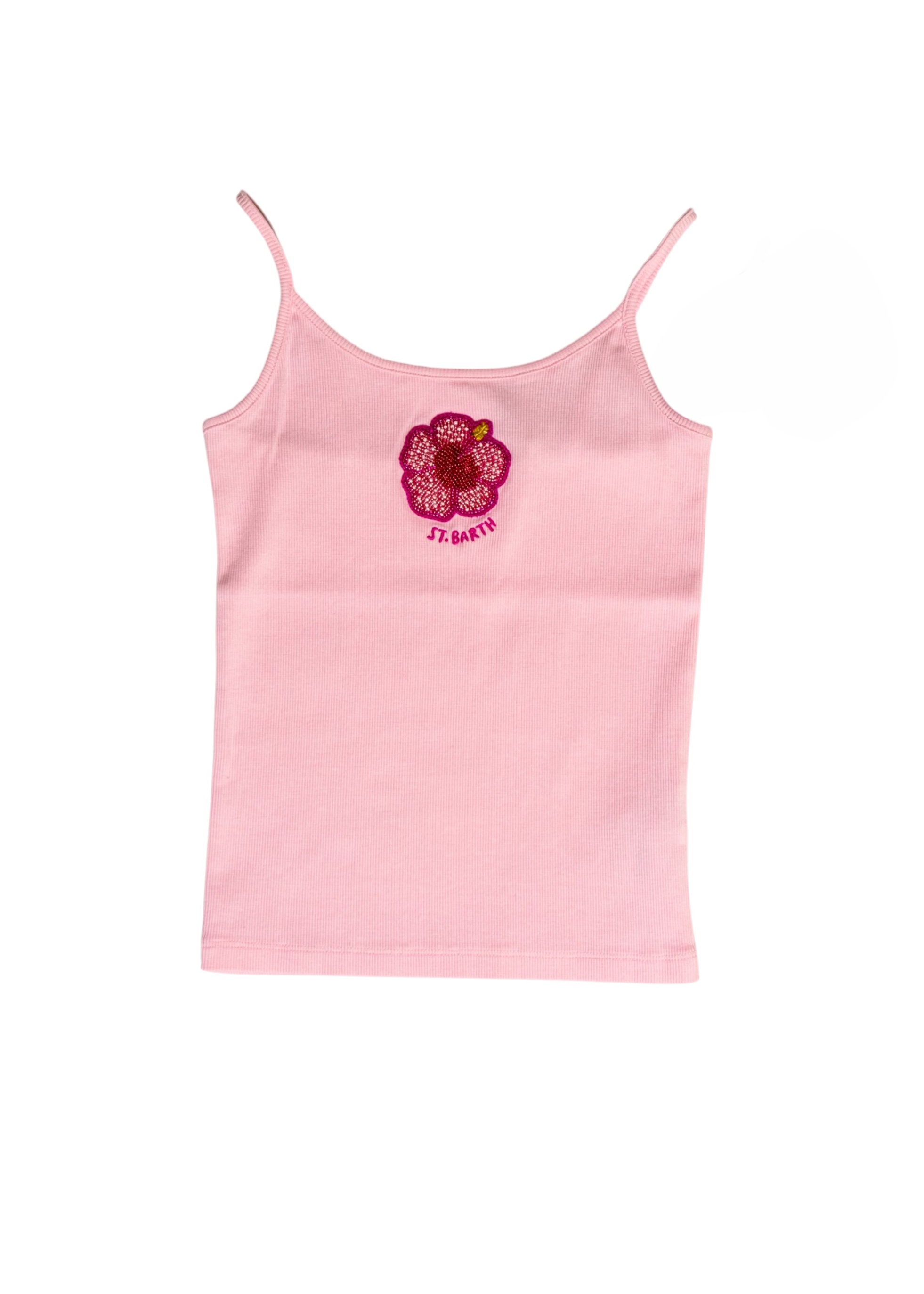 Pink Zaira tank top with embroidered logo and bead patch