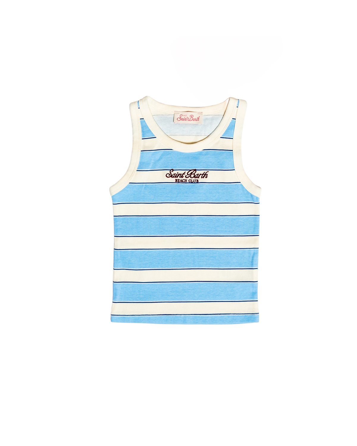 Light blue striped Ada tank top with beach club embroidery
